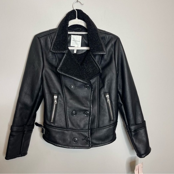 Avec Les Filles $198 Black Faux Leather Moto Shearling Jacket New - Picture 5 of 8